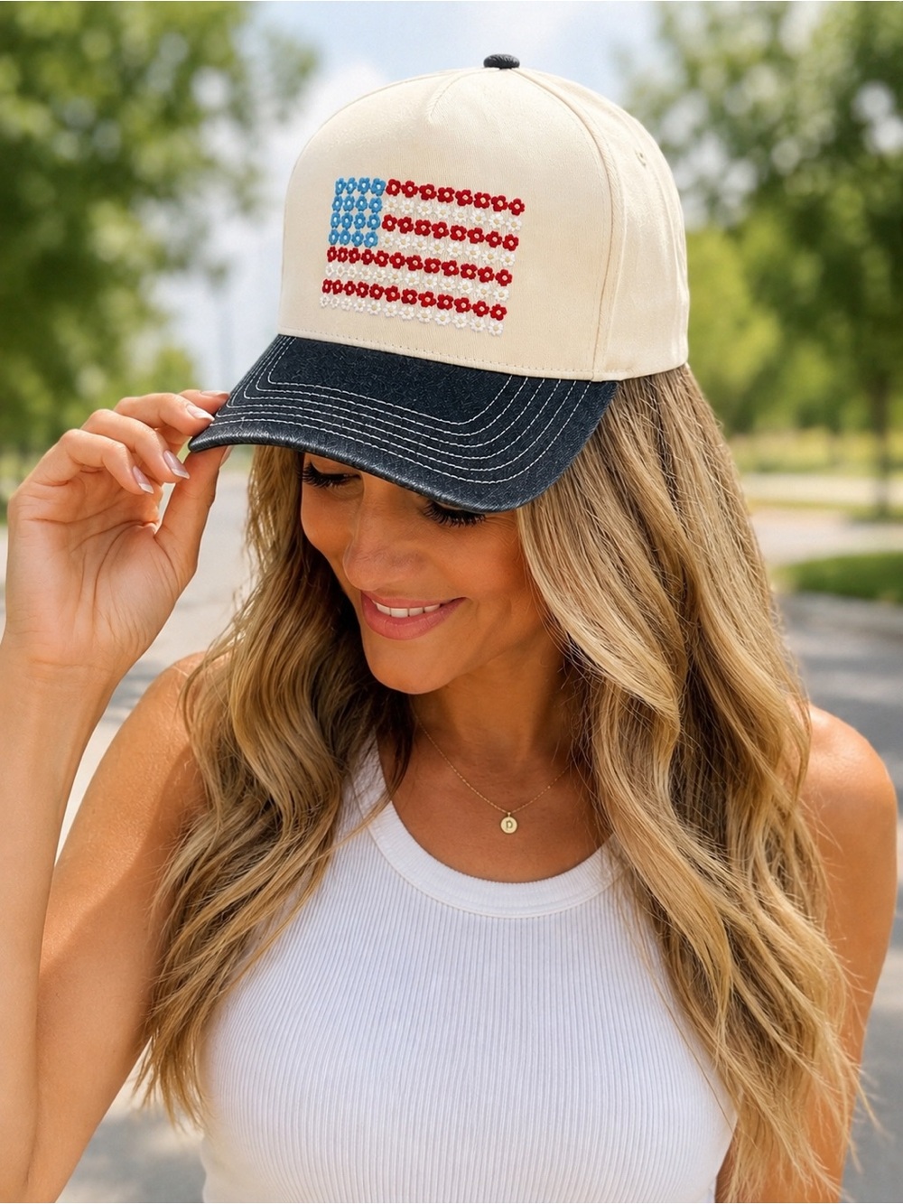 C.C Floral American Flag Trucker Hat | NWT | Black Denim Brim Snapback
